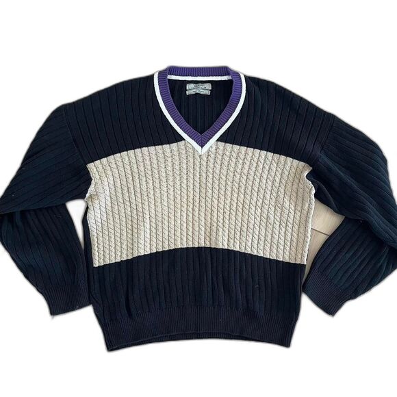 Vintage 90s GUESS Country Club Black Tan Cable Knit V-Neck Stripe Sweater Sz XL - Picture 1 of 5